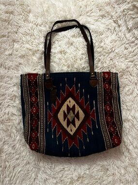 Manos Zapotecas Handwoven Southwestern Tote Bag in Navy and Red
